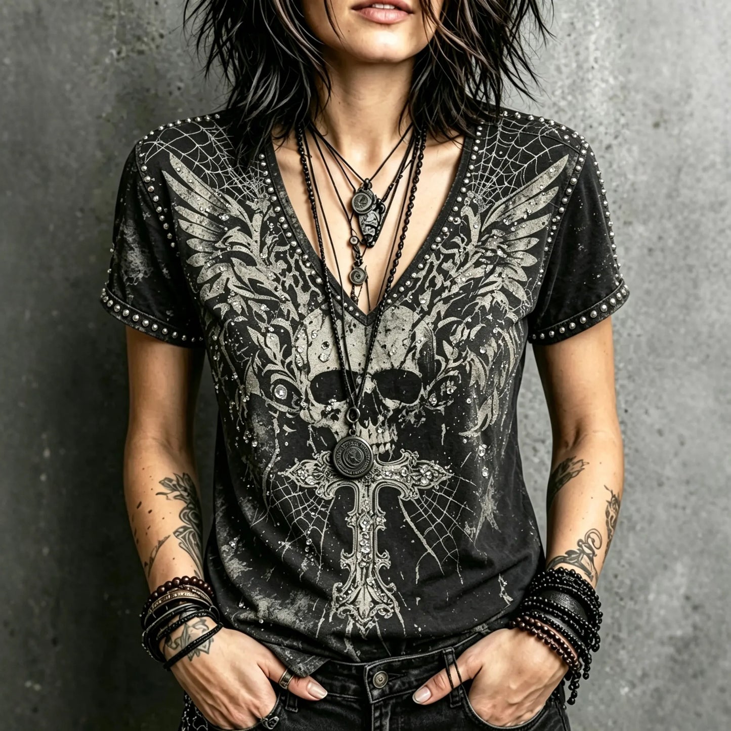 Women's Dark Style Skull Wings Spider Web Design Short-sleeve V-neck T-shirt
