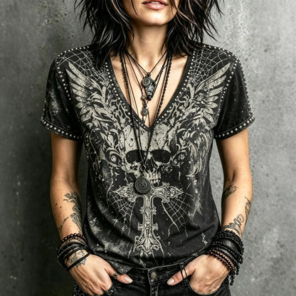 Women's Dark Style Skull Wings Spider Web Design Short-sleeve V-neck T-shirt