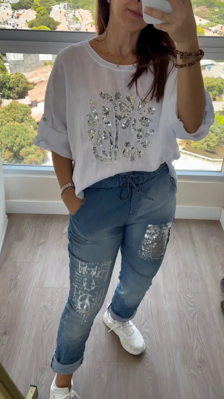 White Linen Sequin Top & Distressed Denim Jeans