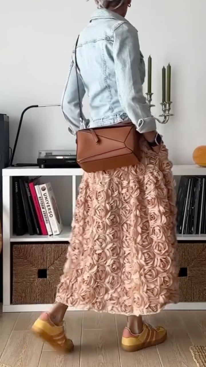 Denim Jacket & Pink Floral Skirt Outfit