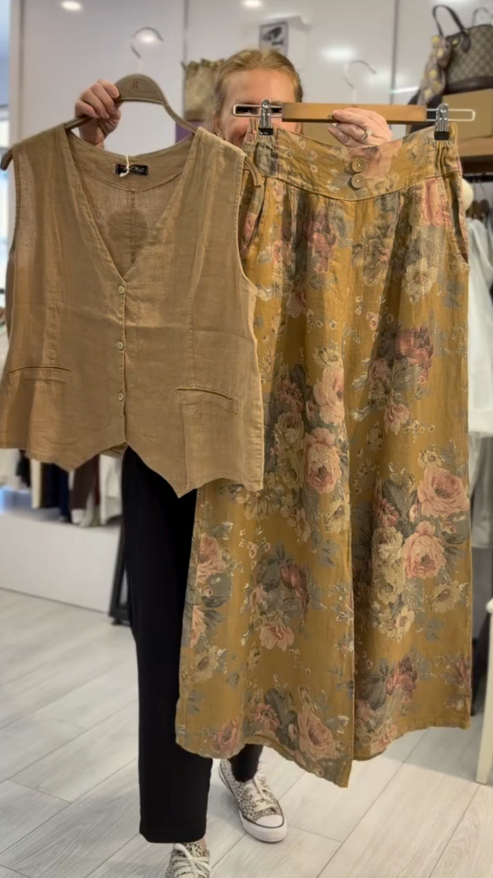 Retro Linen Vest & Floral Wide-Leg Pants Set