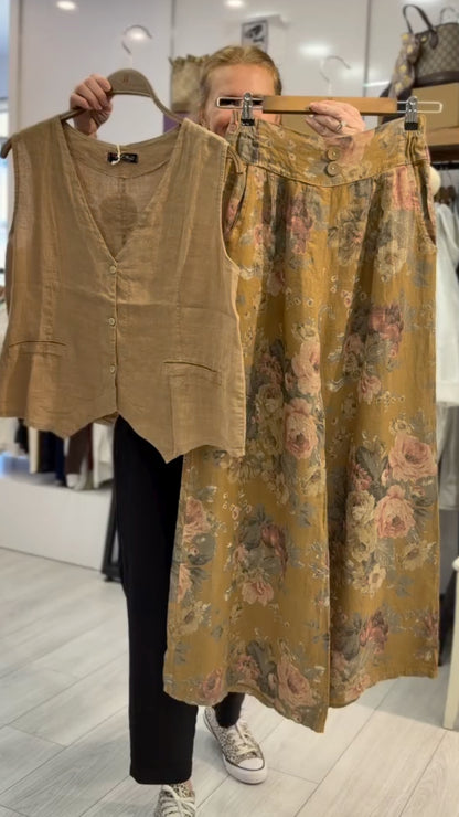Retro Linen Vest & Floral Wide-Leg Pants Set
