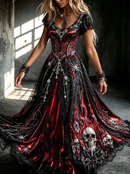 Women's Dark Gothic Spider Skull Flame Design V-neck Short-sleeved Dress