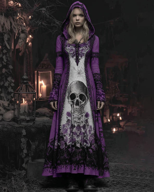 Halloween Contrast Skull Lace Panel Hooded Dress fb9f