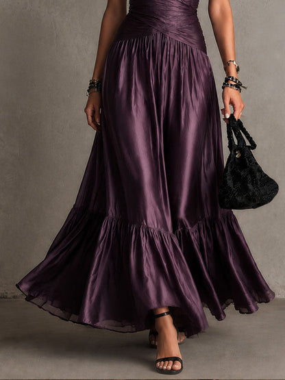 Elegant Purple Satin Halter Neck Pleated Maxi Dress