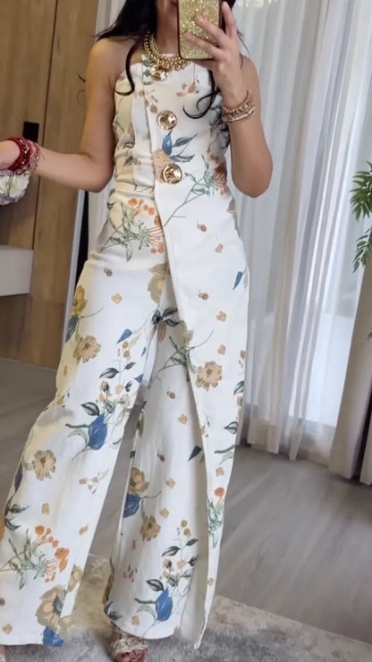 Floral Print Sleeveless Overlay Wide Leg Jumpsuit