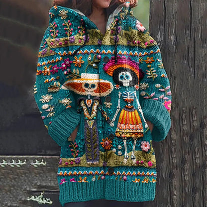 Vintage Mexican Catrina Day Of The Dead Sugar Skeleton Couple Inspired Print Women's Sweater