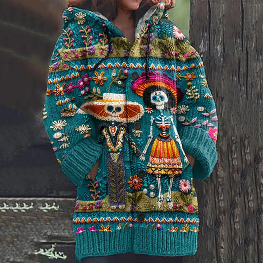 Vintage Mexican Catrina Day Of The Dead Sugar Skeleton Couple Inspired Print Women's Sweater