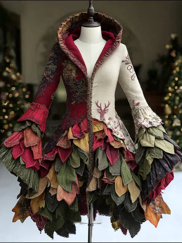 CHRISTMAS THEMED ELEGANT CONTRAST COLOR KNITTED HOODED DRESS ecca