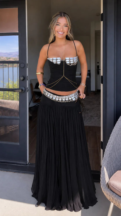 Beaded Pleated Chiffon Maxi Dress Set