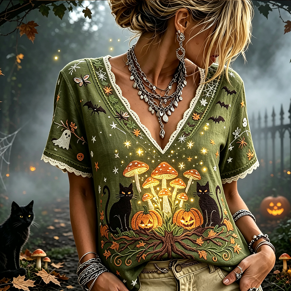Women's Halloween Black Cat, Pumpkin, And Mushroom Print Short Sleeve T-shirt