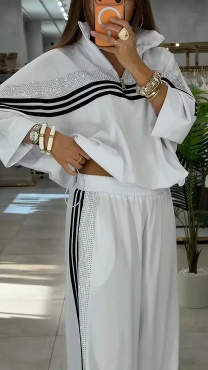 White Rhinestone-Trimmed Tracksuit Set