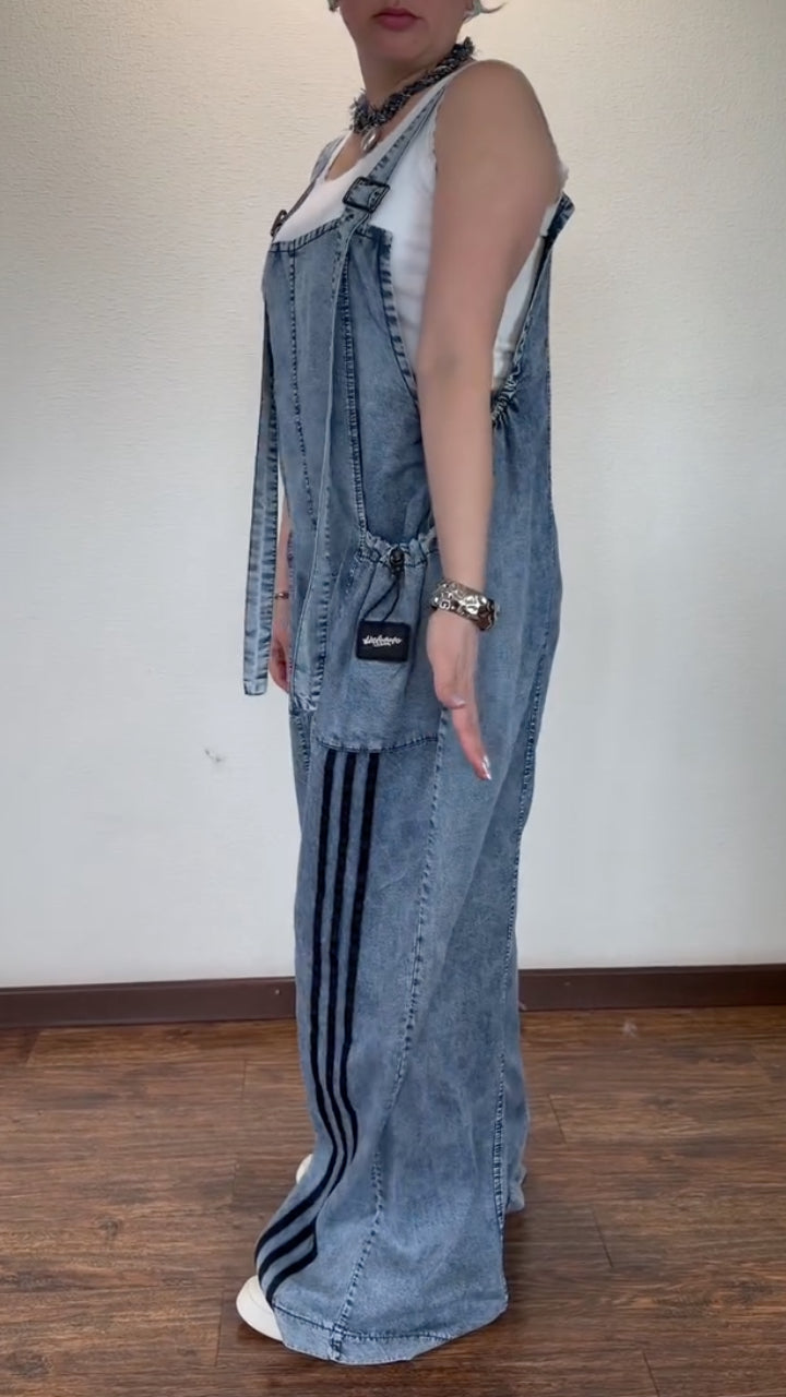 Washed Blue Striped Denim Overalls