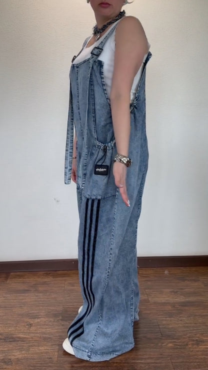 Washed Blue Striped Denim Overalls