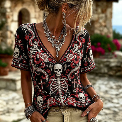 Women Halloween Boho Black Gothic Full Skeleton Skull Floral Cross Embroidery V Neck Tee