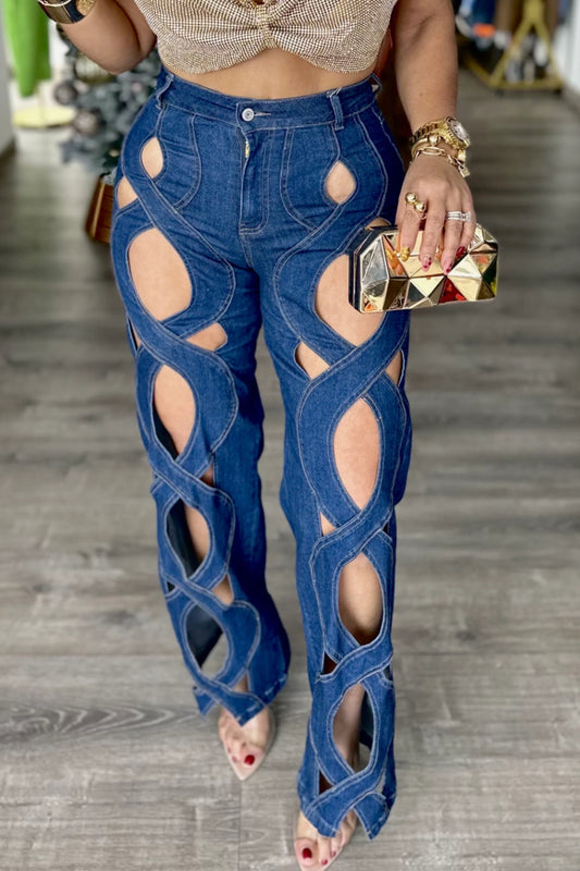 Hollow Out Crisscross Cutout High Waist Flare Jeans