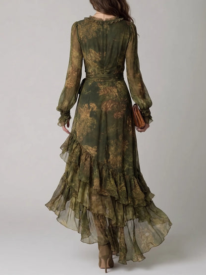 Green Floral Print Irregular Layered Ruffle Chiffon Maxi Dress