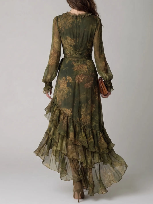 Green Floral Print Irregular Layered Ruffle Chiffon Maxi Dress