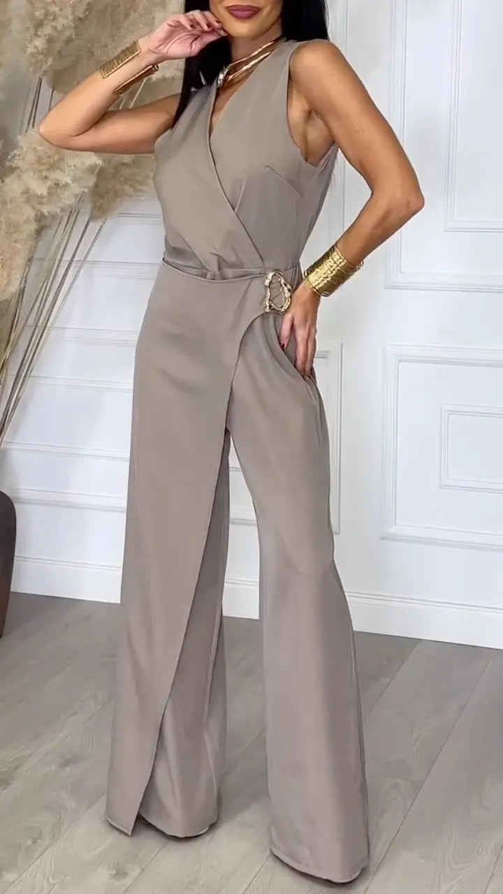 Women's Khaki Overlap V-Neck Sleeveless Jumpsuit