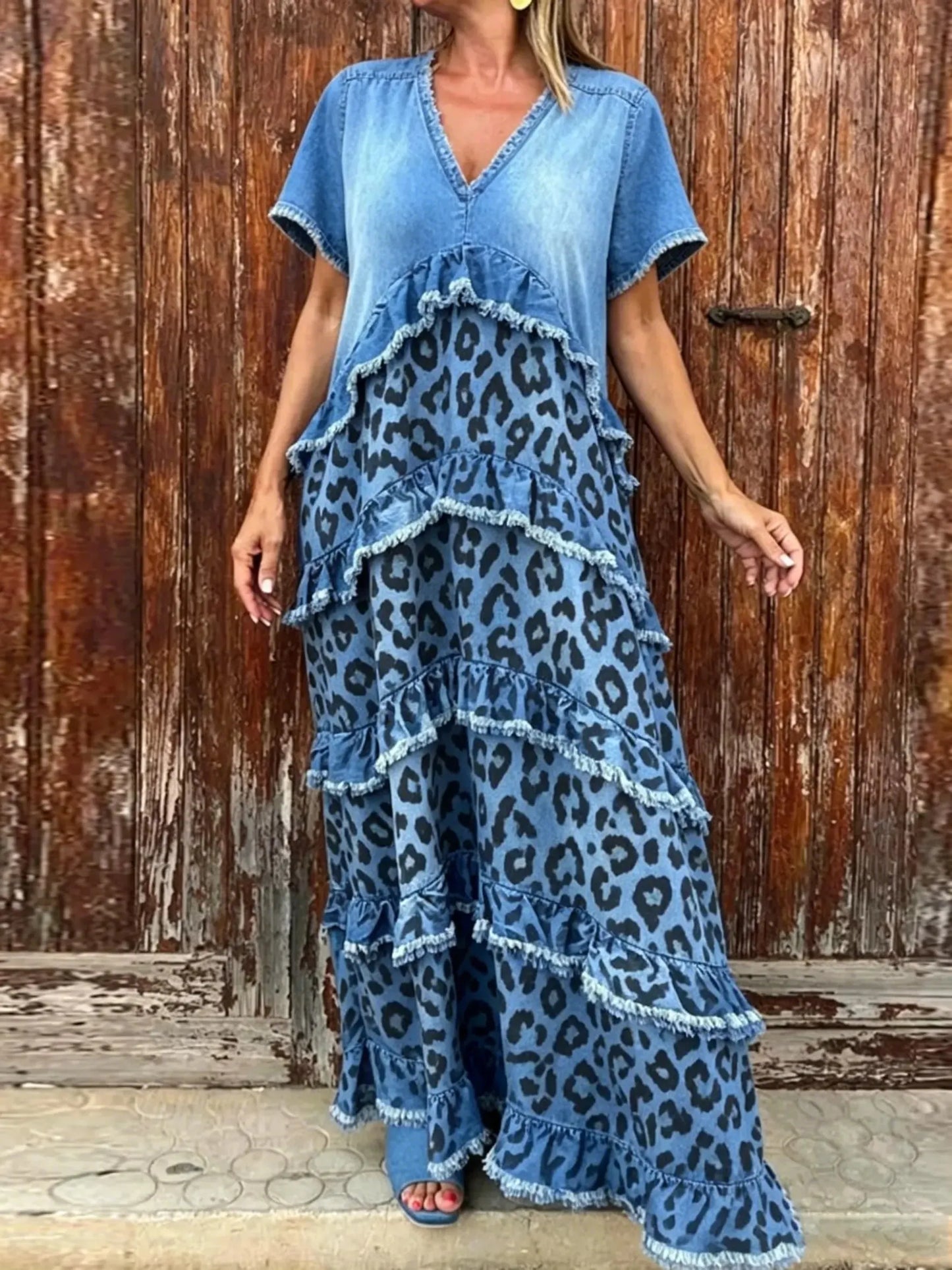 Women's Denim Patchwork Blue Leopard Multi Tier Ruffle Maxi Dress