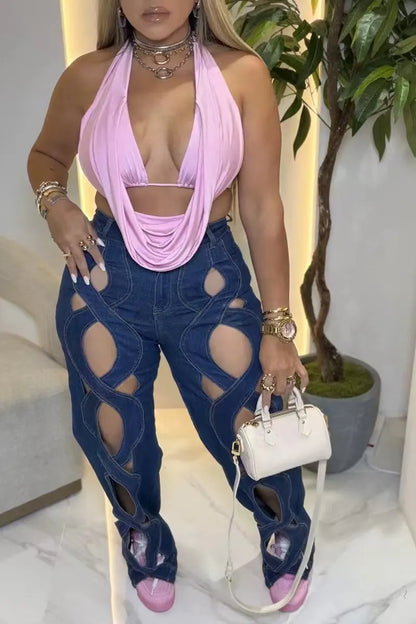 Hollow Out Crisscross Cutout High Waist Flare Jeans