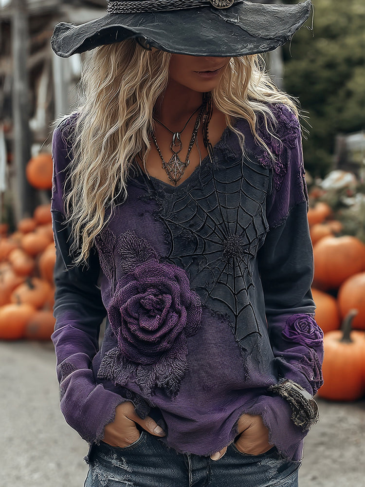 Vintage Halloween Black And Purple Rose Art Long Sleeve V  Neck Tops
