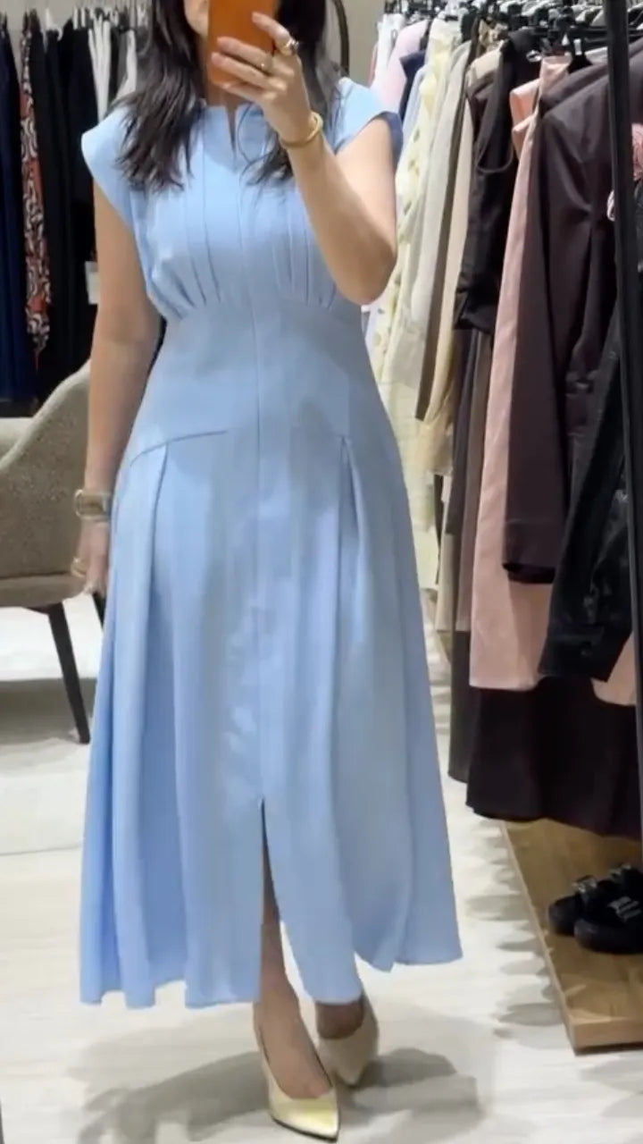 Stand Collar Cap Sleeve Pleated Front Split Midi Dress