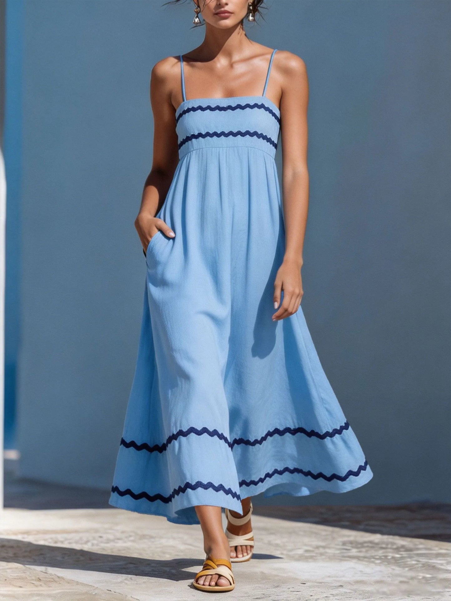 Women’s Ric Rac Trim Spaghetti Strap Pocket Cotton Linen Midi Dress