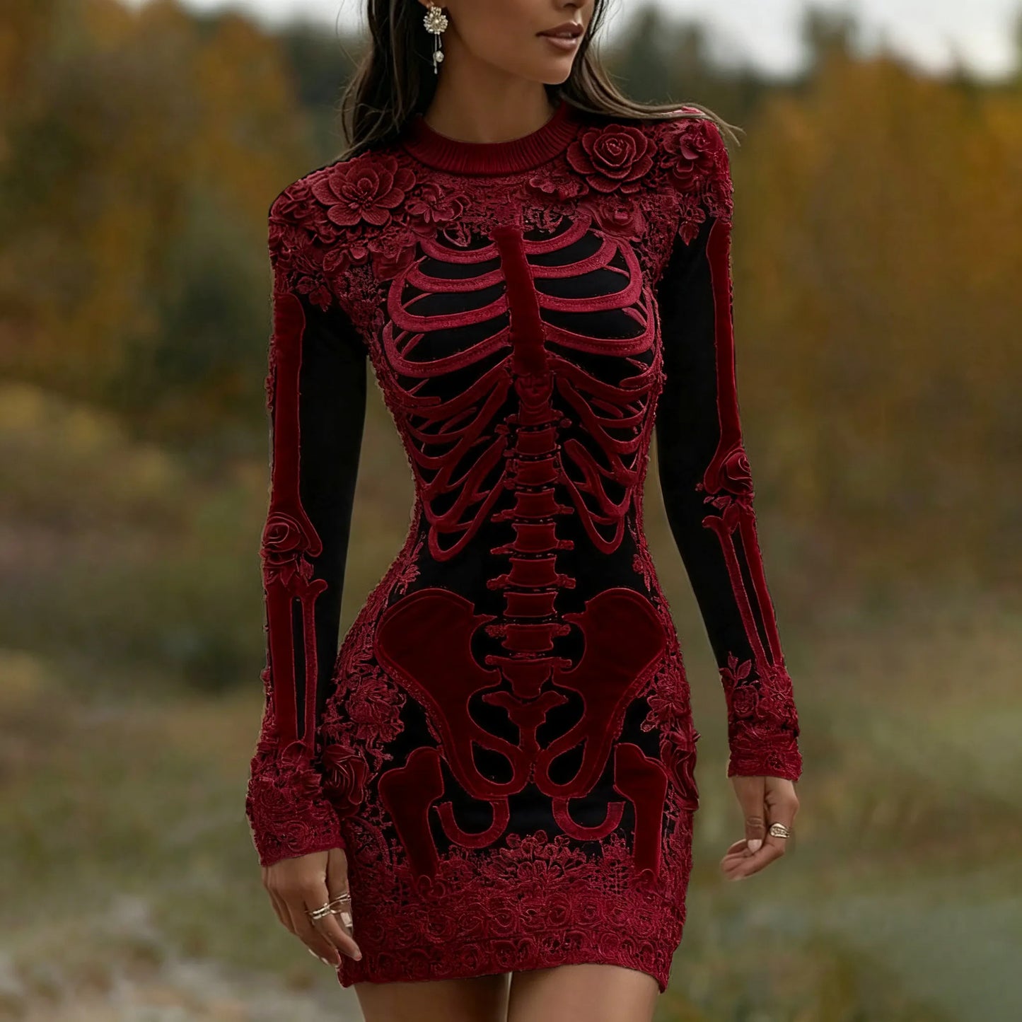 Women's Vintage Halloween Skeleton Bones With Rose Art Cozy Knit Mini Sweater Dress
