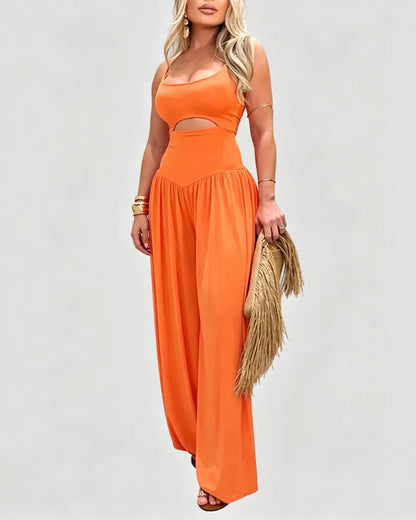 Waist Cutout Tie-Back Flowy Wide Leg Jumpsuit