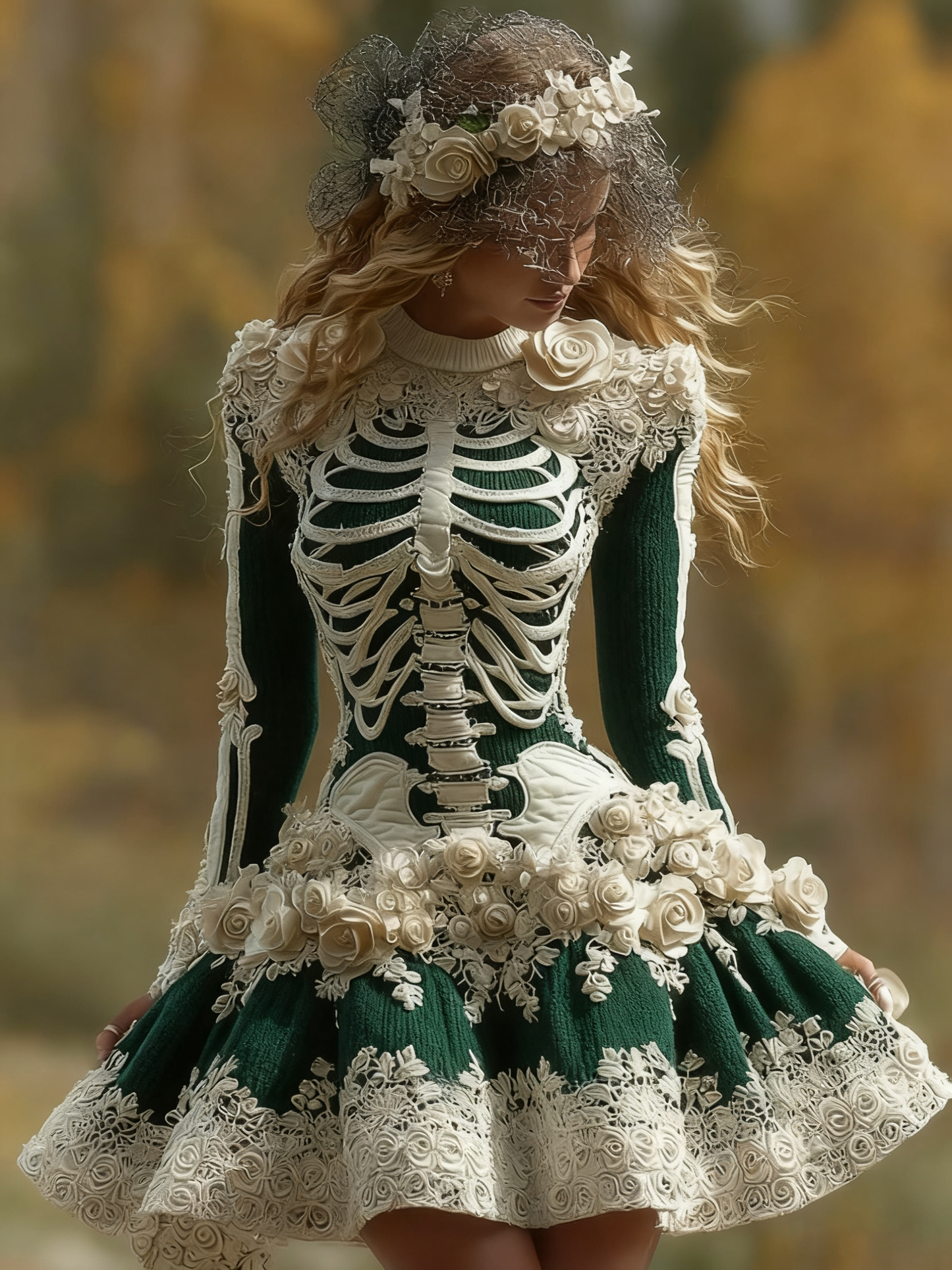 Women's Halloween Skeleton Bones With Rose Art Cozy Knit Mini Sweater Dress