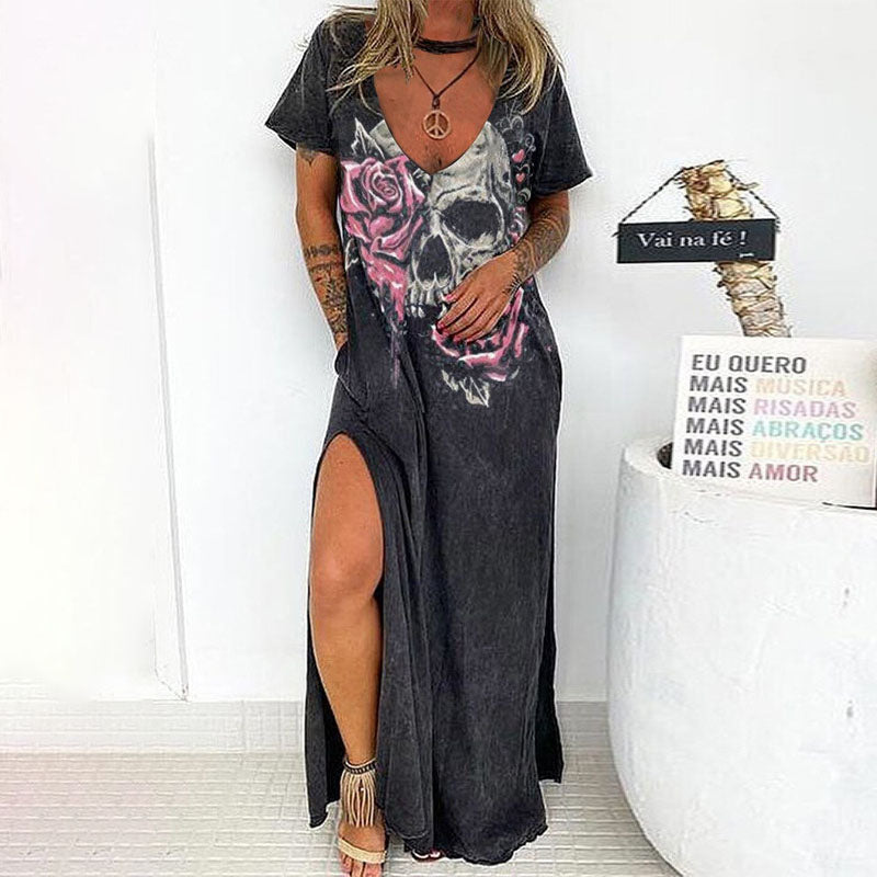 Vintage V-Neck Skull Print Short Sleeve Slit Maxi Dress