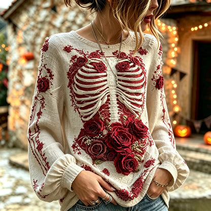Women's Retro Halloween Bloody Human Skeleton With Floral Art Casual Long Sleeve Tops
