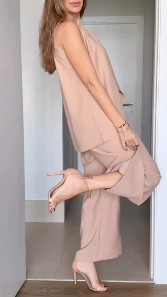 Nude Sleeveless Cutout Top Wide Leg Pants Set
