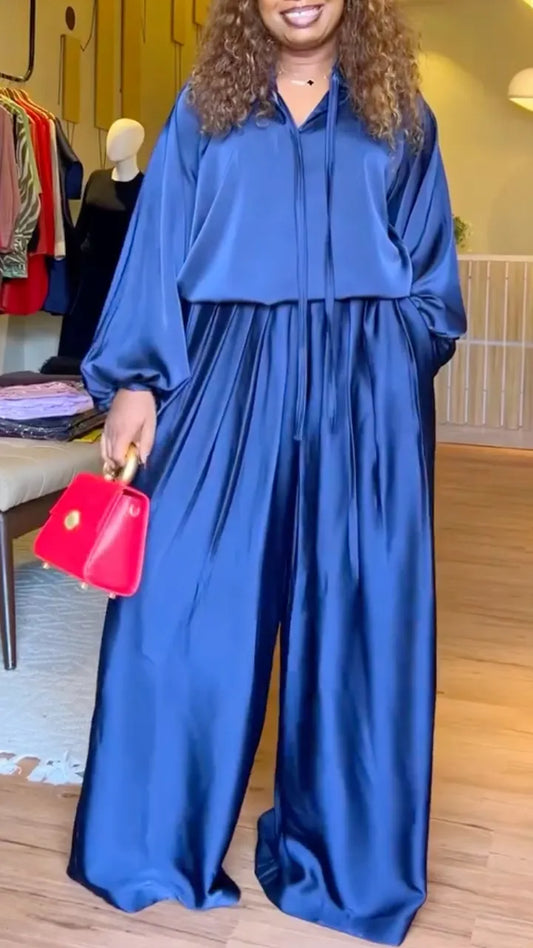 Satin V-Neck Blouse & Wide-Leg Pants Set