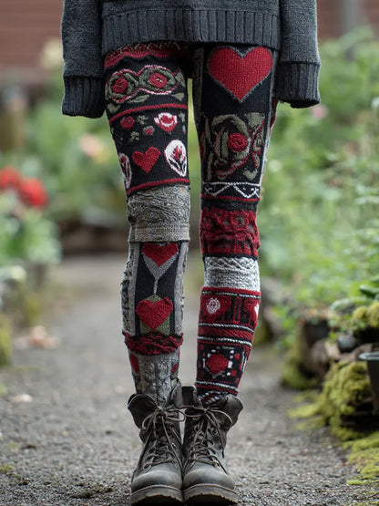 Women's Vintage Heart Patchwork Art Casual Leggings