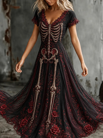 Women's Vintage Skeleton Floral  Art V-neck Short Sleeve Maxi Dress