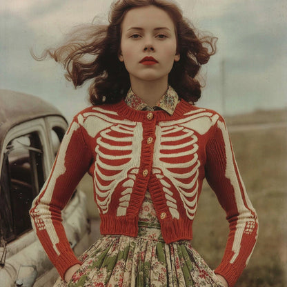 Women's Vintage Skull Ribs Pattern Cozy Knit Sweater Cardigan