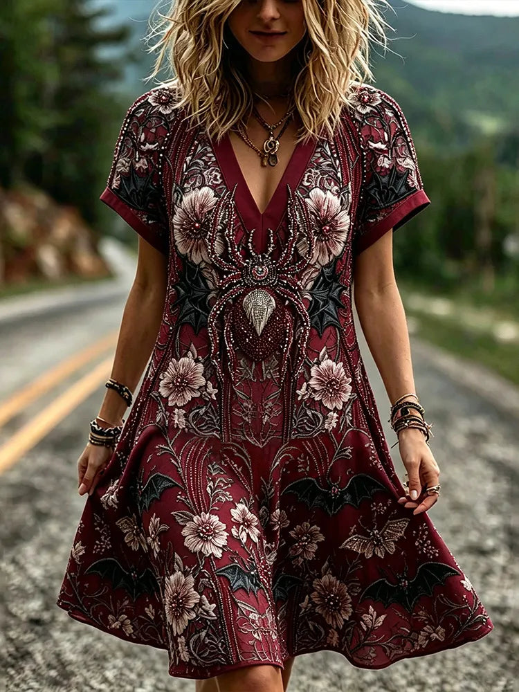 Wine Red Gothic Spider Bat Floral 3d Embroidery V Neck Midi Dress