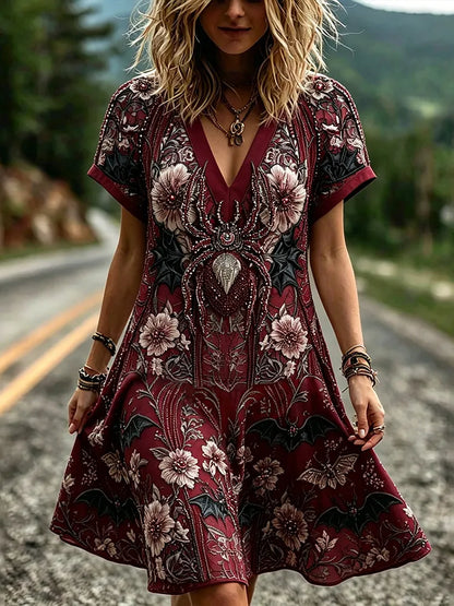Wine Red Gothic Spider Bat Floral 3d Embroidery V Neck Midi Dress