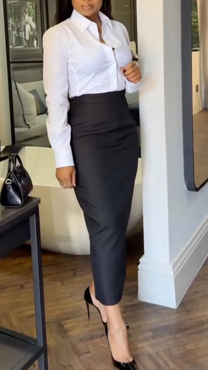 White Collared Shirt + Black High-Waisted Pencil Skirt Set
