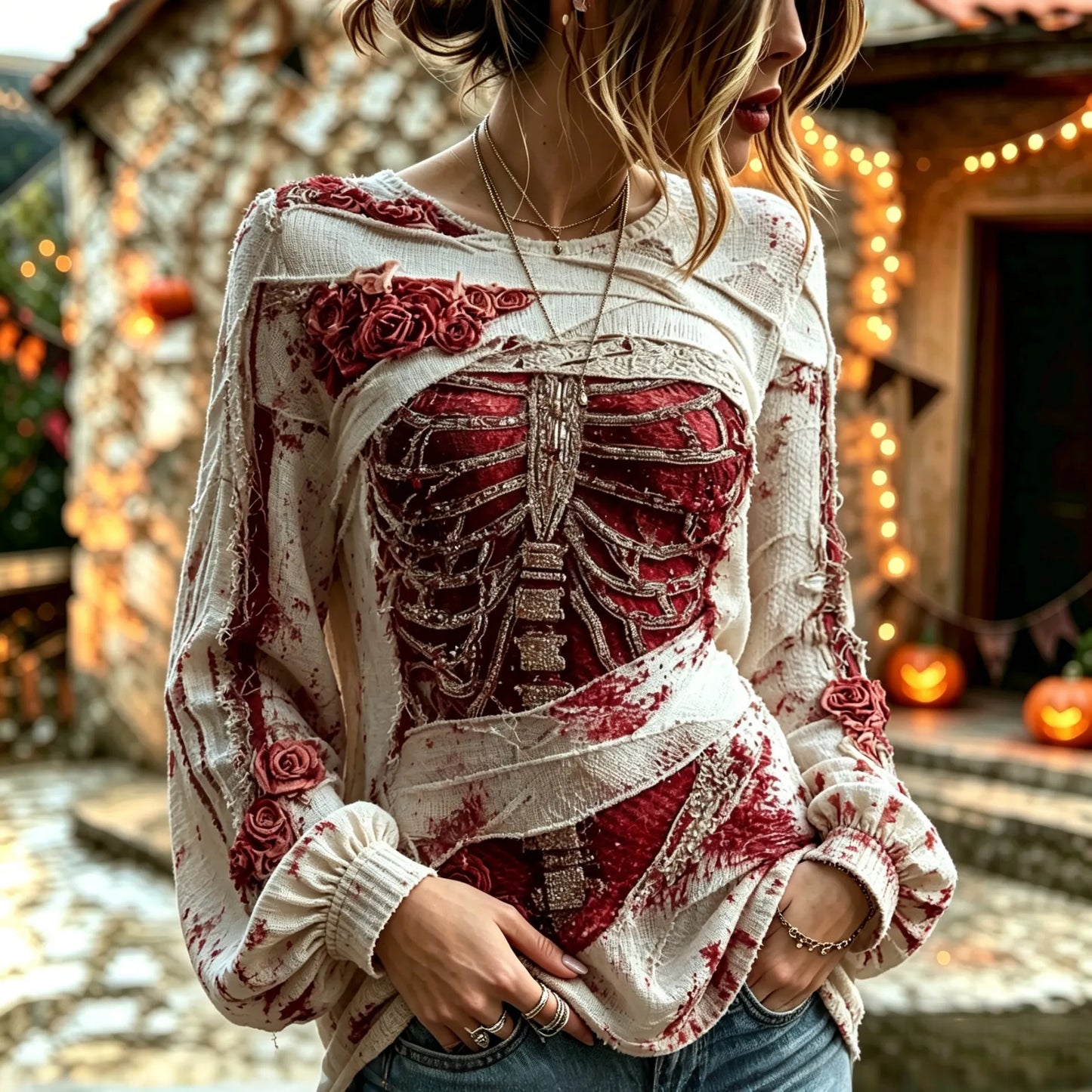 Women's Halloween Bloody Human Skeleton With Floral Art Casual Long Sleeve Tops
