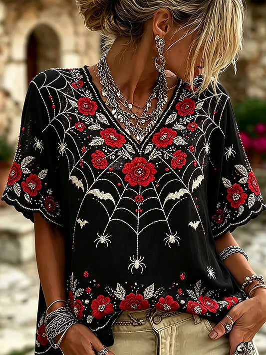 Vintage Gothic Spider Web Red Rose Embroidery V Neck Top