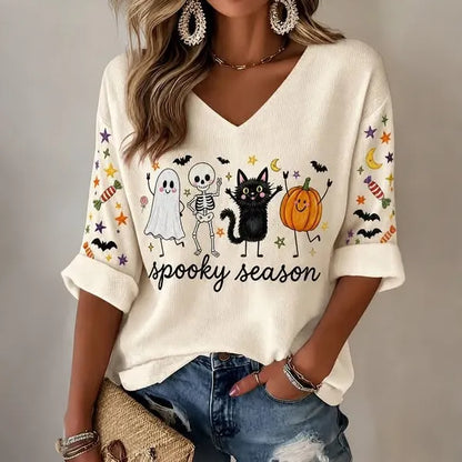 Women's Retro Spooky Season Ghost Pumpkin Print Casual T-shirt