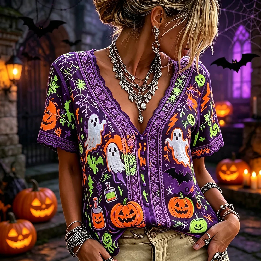 Women's Spooky Halloween Character Print Button-up Shirt