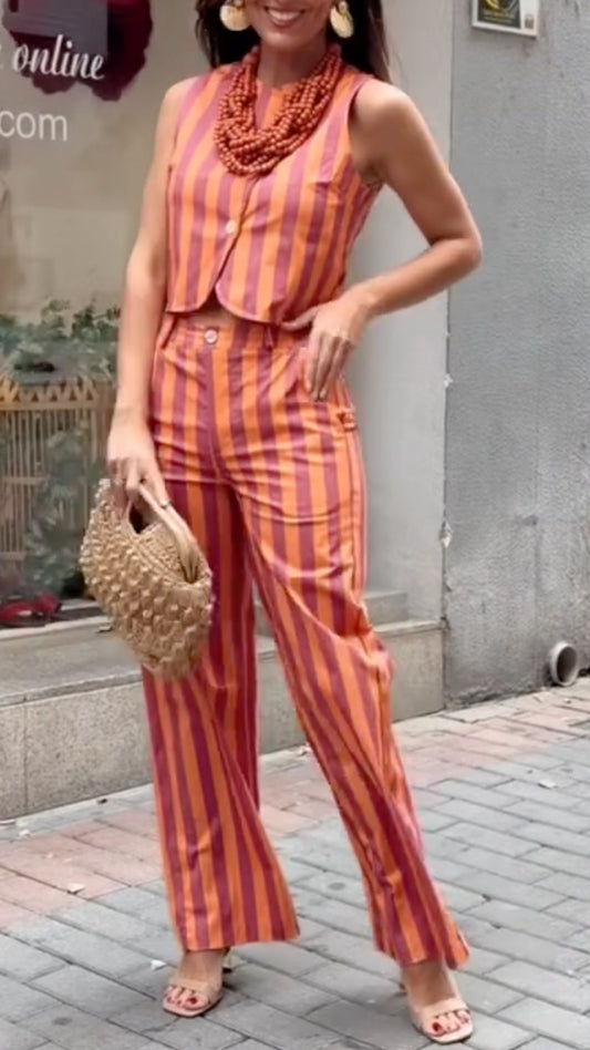 Women's Cotton-Linen Striped Set: Sleeveless Top + Trousers