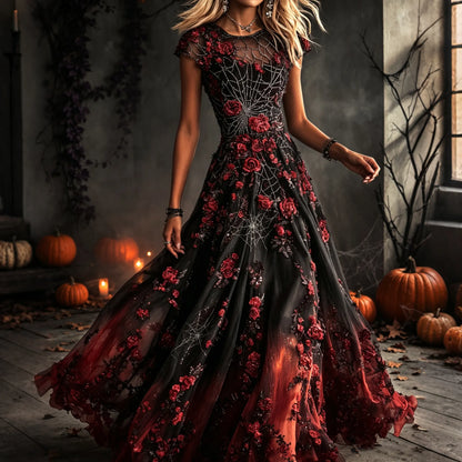 Women's Vintage Halloween Rose And Spiderweb Art Crew Neck Short Sleeve Maxi Dress