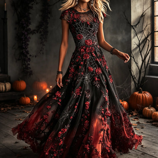 Women's Vintage Halloween Rose And Spiderweb Art Crew Neck Short Sleeve Maxi Dress