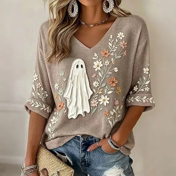 Women's Halloween Ghost And Floral Print Casual T-shirt