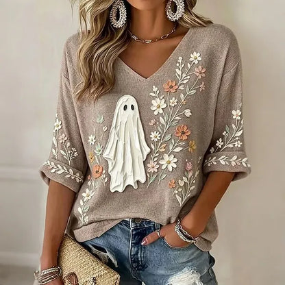 Women's Halloween Ghost And Floral Print Casual T-shirt